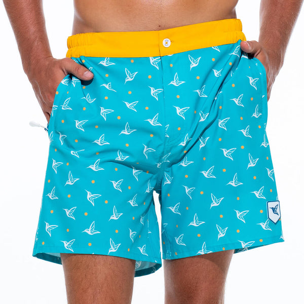 Mens Luxury Swim Trunks | Kolibri Monogram in Aquamarine